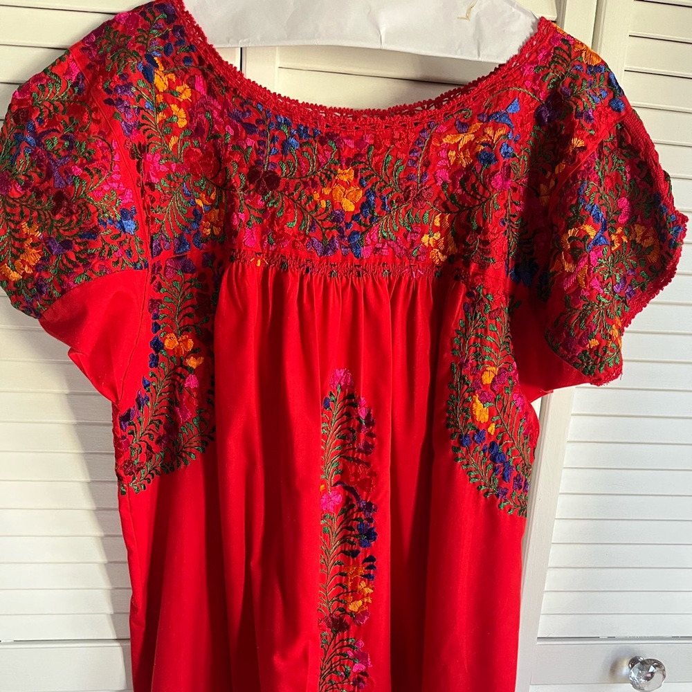 Oaxacan Multicolored Hand-Embroidered Red Cotton Midi Dress Size S/M